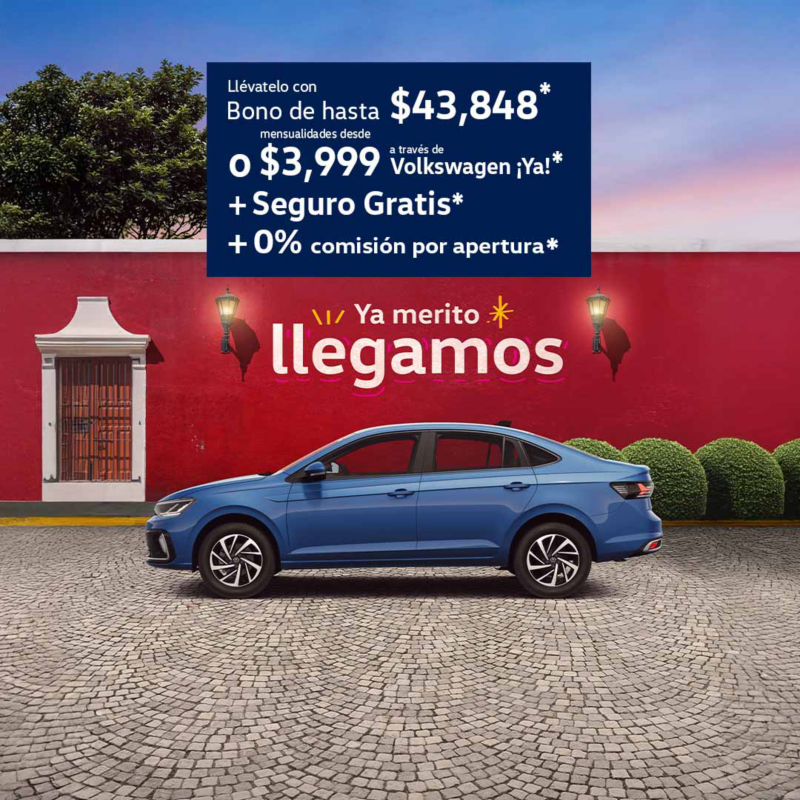 Promoción Virtus de Volkswagen. Auto sedán en color azul
