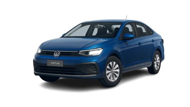 Sedán compacto Volkswagen Virtus 2024 en color azul, destacando su diseño moderno y faros LED.
