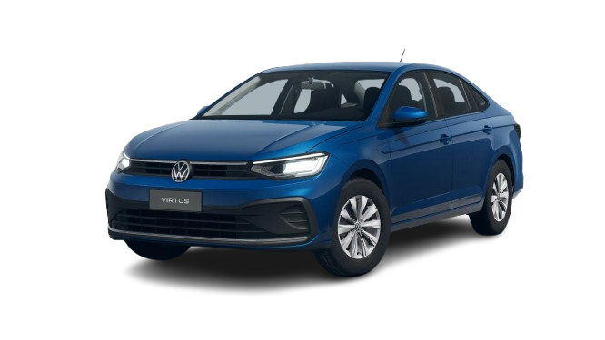 Sedán compacto Volkswagen Virtus 2024 en color azul, destacando su diseño moderno y faros LED.