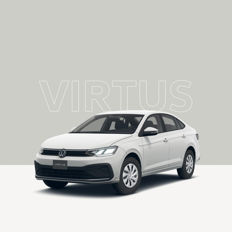 Auto sedán VW Virtus de color blanco posando sobre fondo bicolor gris y blanco.