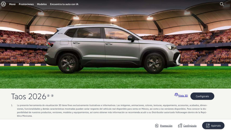 Vista 3D exterior de un Volkswagen con opciones de personalización y navegación.