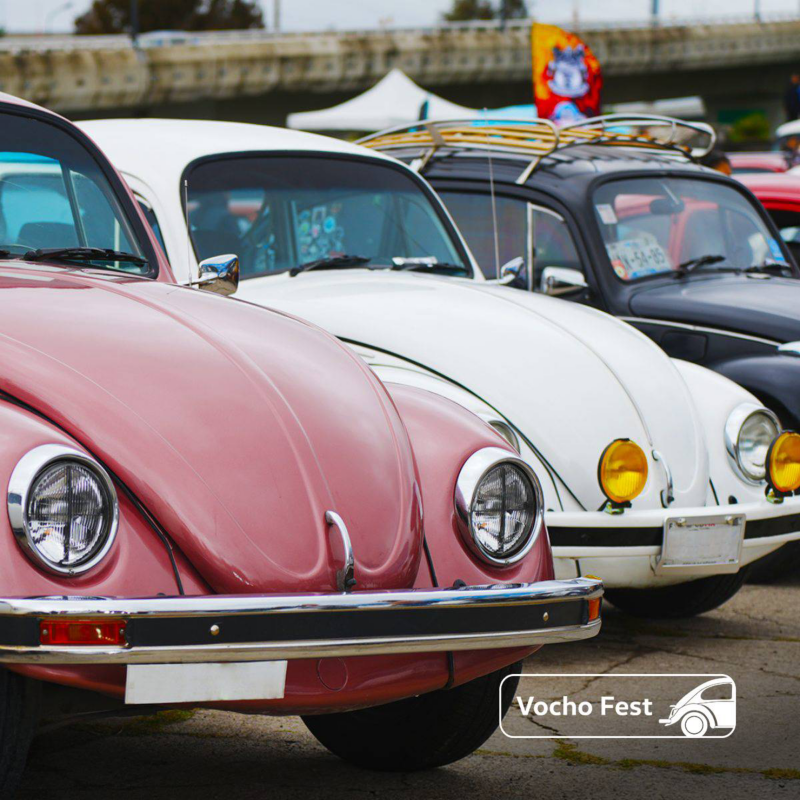 Tres vochos formados dentro de una exhibición en el Día Mundial del Vocho, Vocho Fest en Puebla.