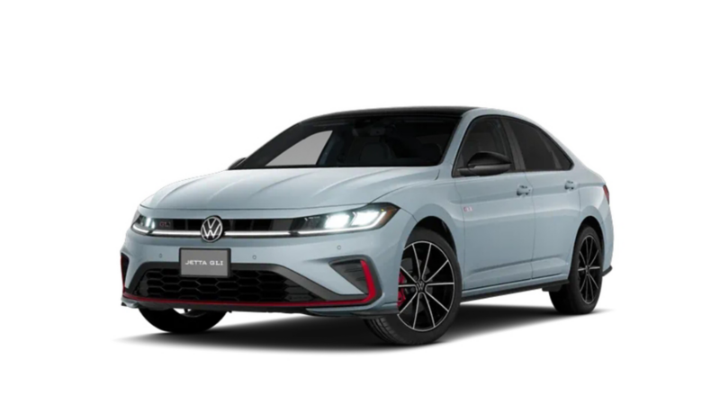 GLI 2026. Sedán deportivo de Volkswagen en color exterior gris, con luces encendidas. 