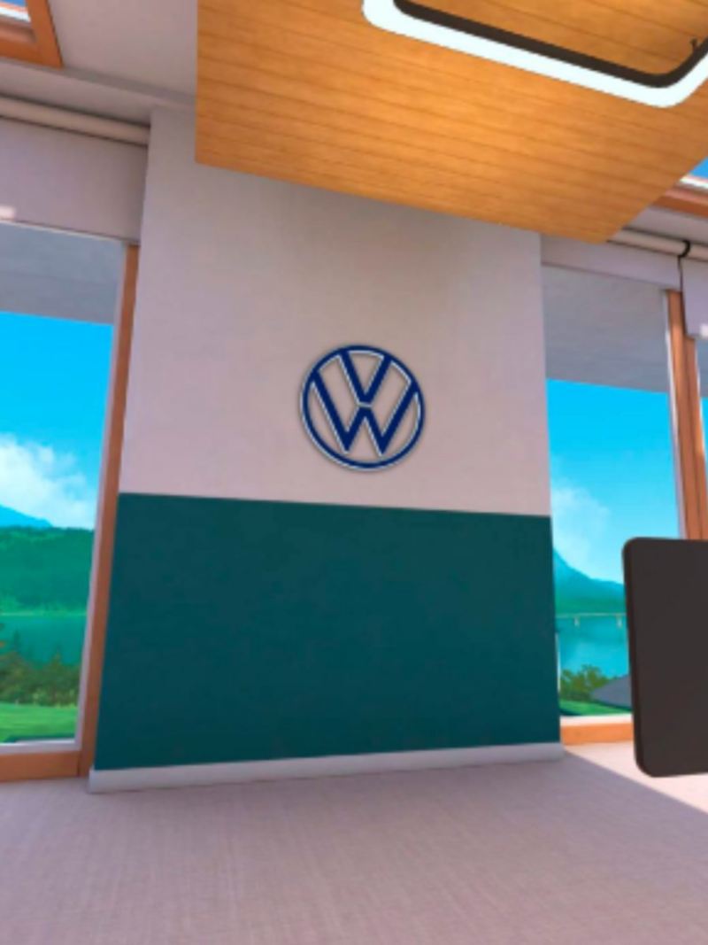 Logo de Volkswagen en pared de concesionaria digital en Metaverso. 