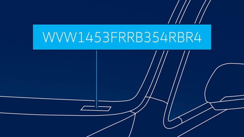 Localización de código VIN en el parabrisas de auto Volkswagen. 