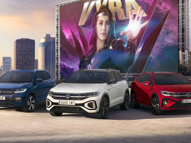 Volkswagen compact SUV range: T-Cross, T-Roc and Taigo pictured together with superhero poster in the background