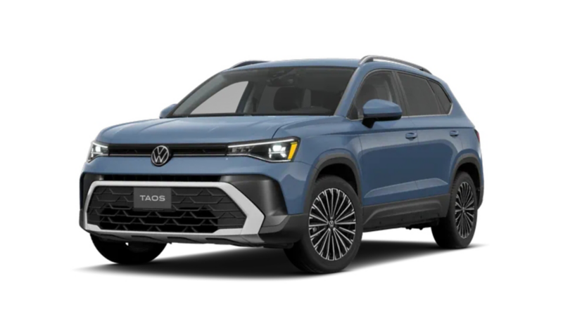 Taos de Volkswagen de color azul. Vista frontal de SUVW hecha en México. 