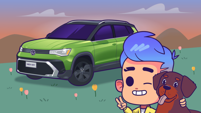 Volky de Volkswagen con un perrito y una camioneta Taos de color verde al fondo.
