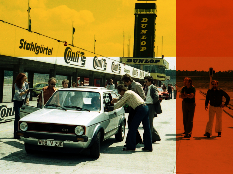 A retro image of a VW MK1. Several people are observing the car