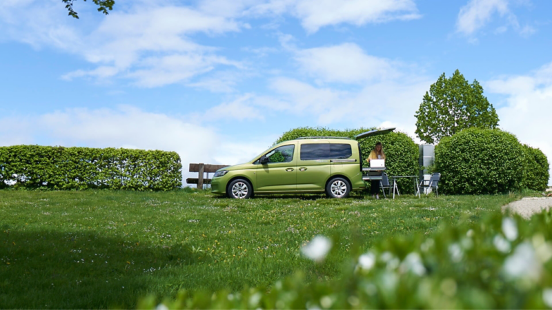 Der VW Caddy California von der Seite auf einer grünen Wiese.