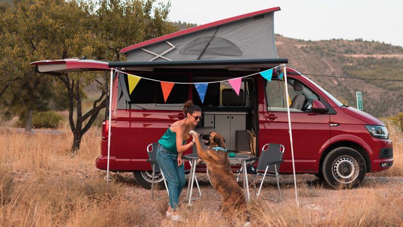 VW California mit aufgestelltem Dachzelt.