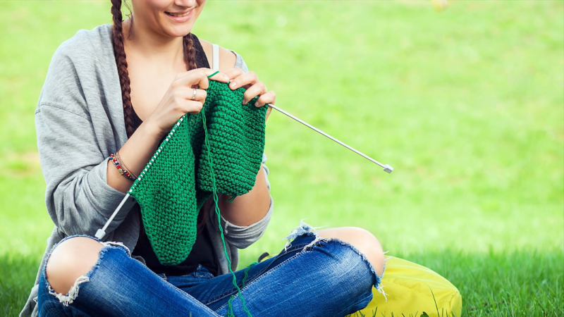 A knitted scarf in progress.