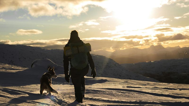 Mit Hund auf schneebedecktem Berg.