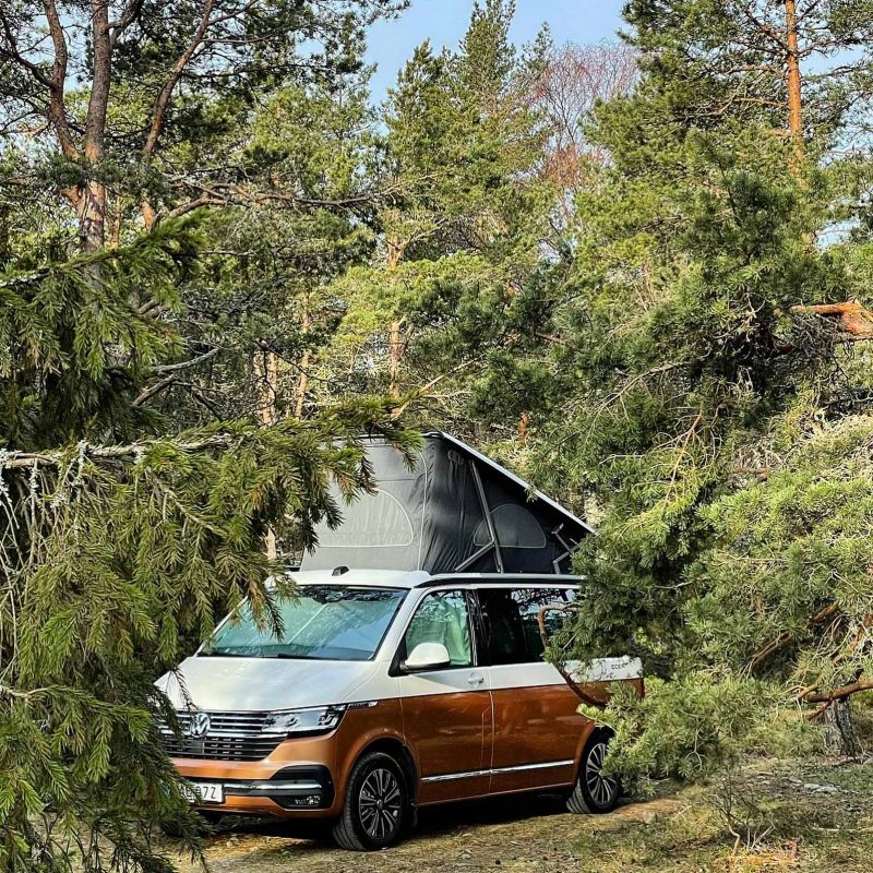 En VW California Ocean med en bikini på tork på sidospegeln.