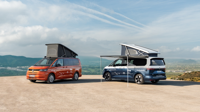 VW California from roadsurfer with the awning set up.