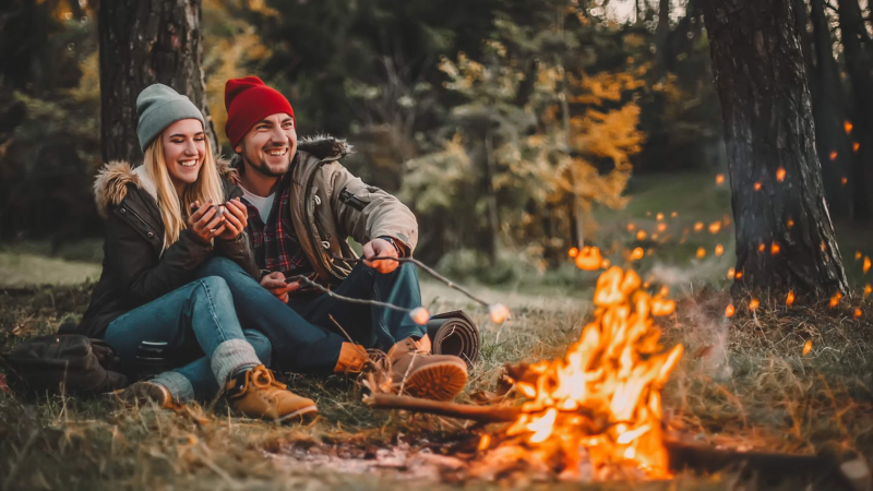A couple by a camp fire.