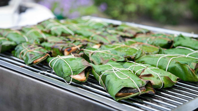 Meat in banana leaves.