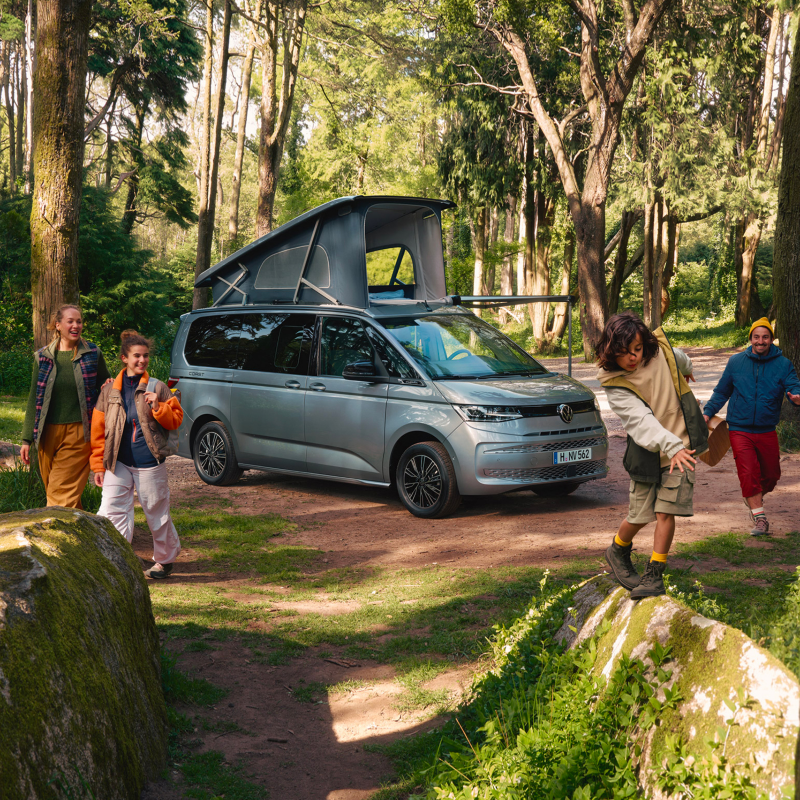 Nuovo California Volkswagen parcheggiato in un bosco.