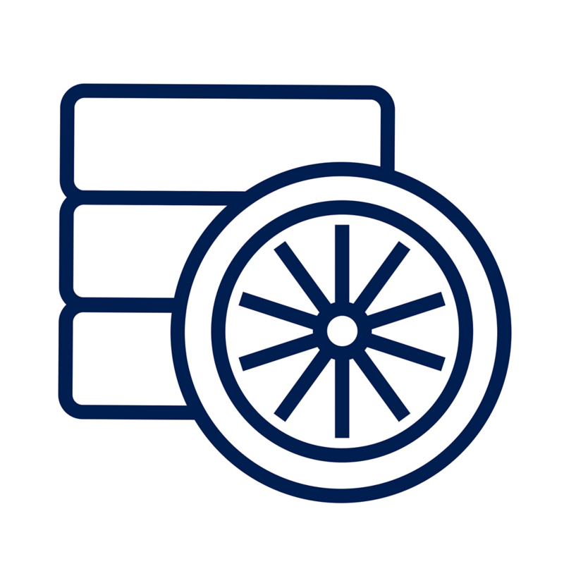 Ícono azul de llanta y neumático que representa servicio de carrocería y pintura Volkswagen.