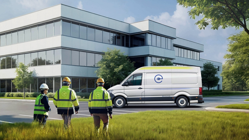 Volkswagen e-Crafter eléctrico blanco con detalles verdes frente a edificio corporativo. Trabajadores observan.