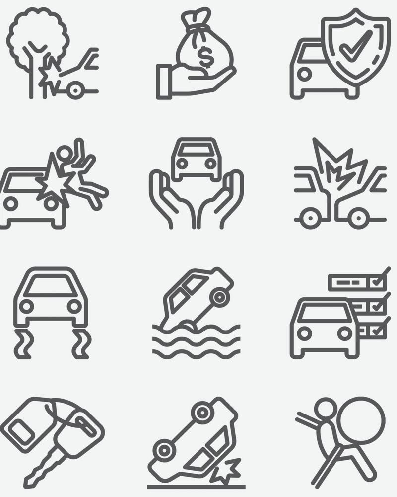 Verschiedene Icons zum Thema Autounfall und Versicherung.