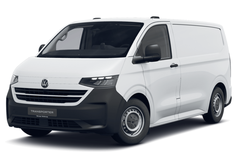 Ein Studioaufnahme zeigt einen weißen Volkswagen Transporter Kastenwagen mit schwarzen Stoßfängern auf einem schwarzen Hintergrund.