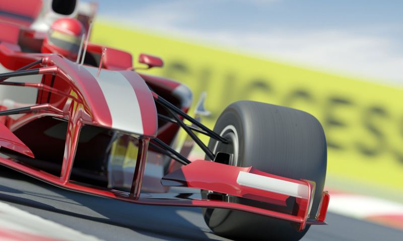 Illustration eines roten Formel-e-Autos auf der Rennstrecke