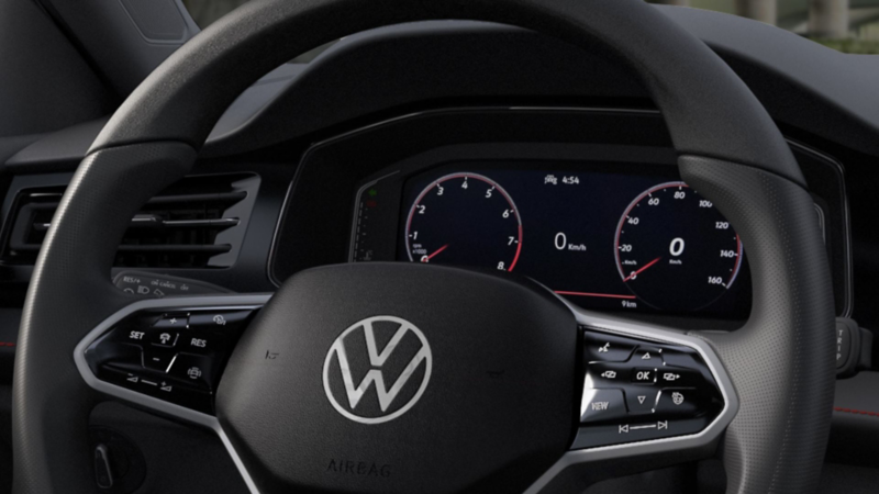 Volante multifunciones de Jetta GLI 2026, con logo VW en el centro. 