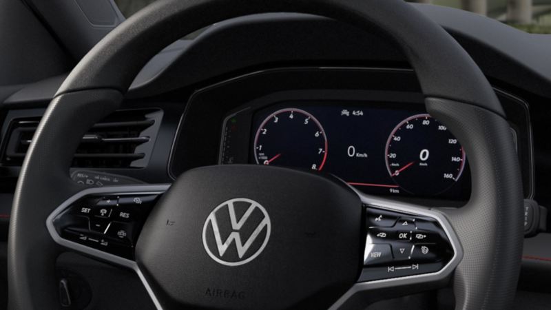 Volante multifunciones de Jetta GLI 2025, con logo VW en el centro. 