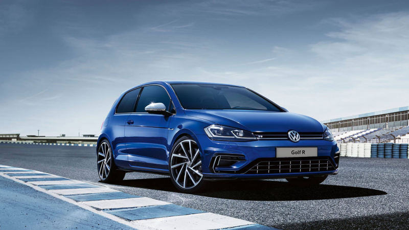 Blue Golf R parked on a racetrack