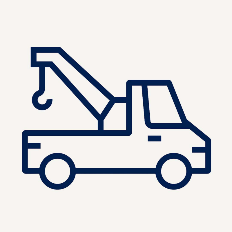Ícono azul de grúa de plataforma para servicio de traslado de vehículos Volkswagen.
