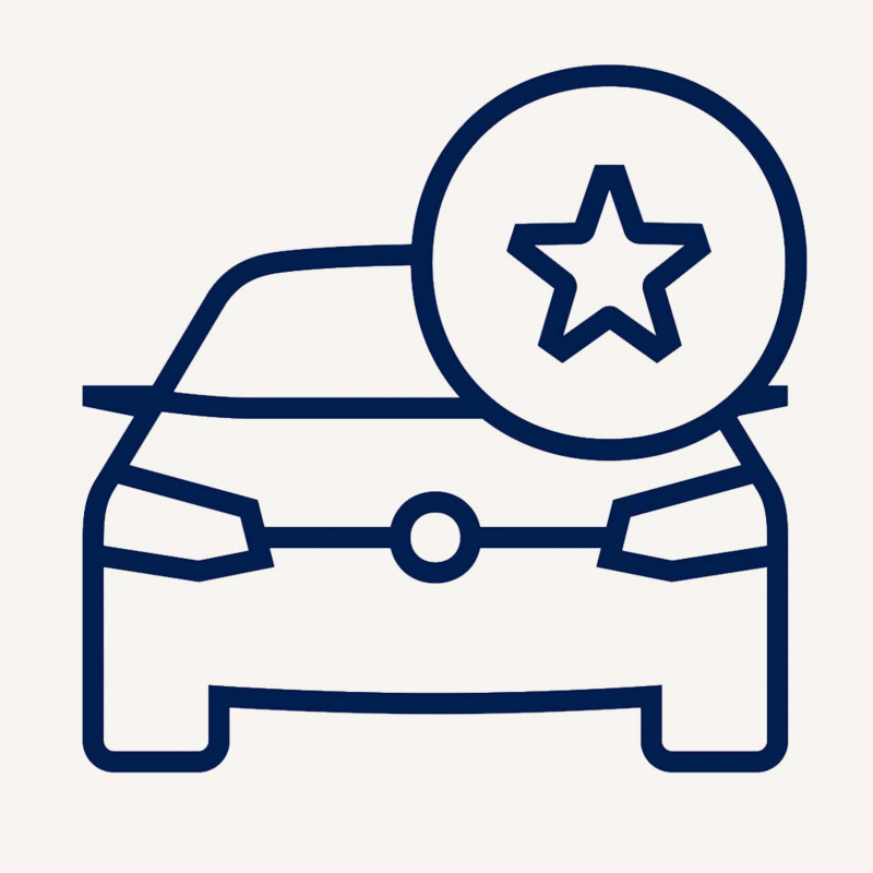 Ícono azul de automóvil con estrella que representa servicio de taxi autorizado Volkswagen.