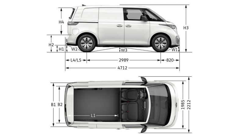 Volkswagen ID. Buzz - mittapiirros: Tavaratilan maksimitilavuus 3,9 m3, Tavaratilan maksimipituus 2208 mm