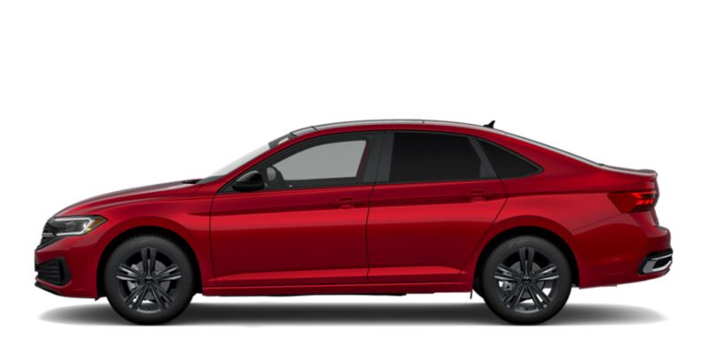 Volkswagen Jetta 2024 versión Sportline. Auto sedán en color rojo con rines de aluminio en tono oscuro.