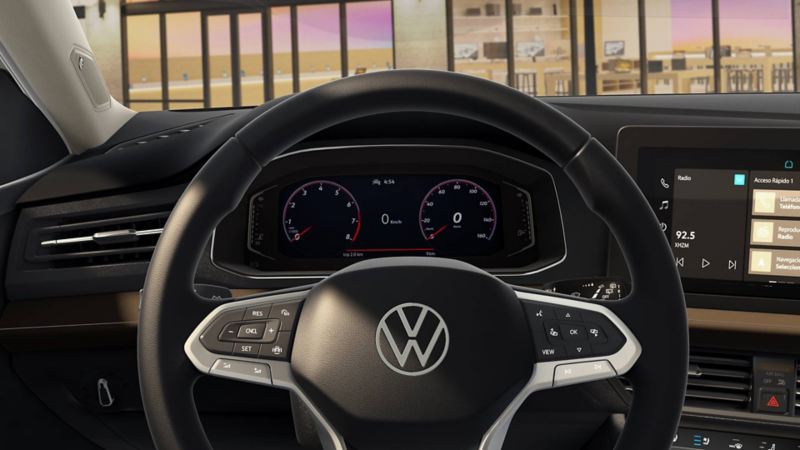 Volante multifunciones, digital cockpit, ventila de aire acondicionado y pantalla touch de Jetta 2025.