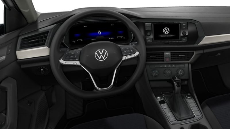 Volante multifunciones de VW Jetta Trendline, con pantallas, panel central, ventilas y palanca.