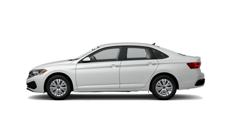 Volkswagen Nuevo Jetta 2022, auto sedán en color blanco. Vista a puertas laterales.