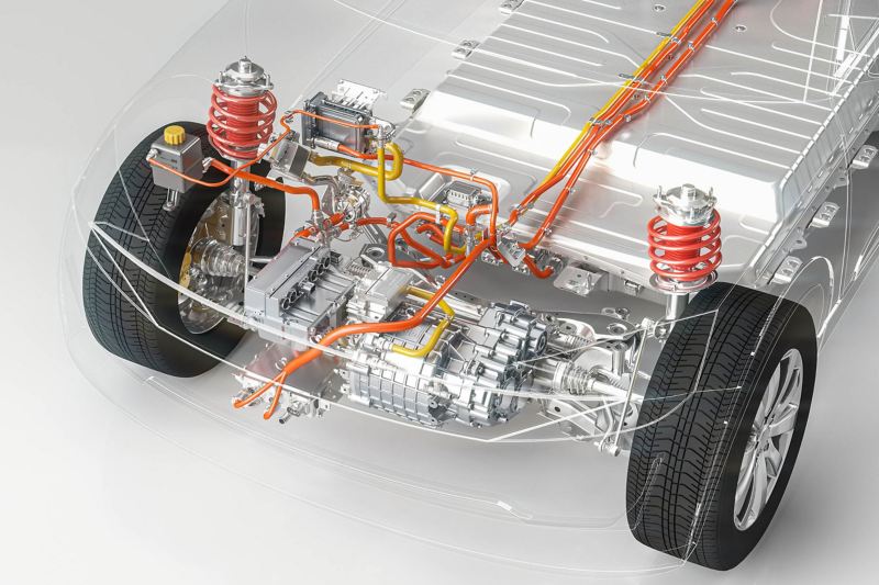 Darstellung eines Elektromotors und der Fahrzeugachse in einem Chassis.