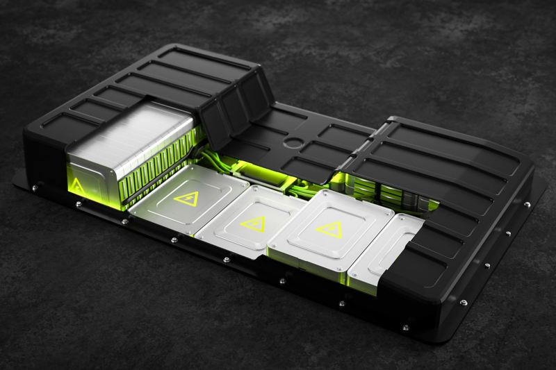 : Illustration eines Akkus mit mehreren Batterien, wie er in Elektrofahrzeugen verbaut wird.