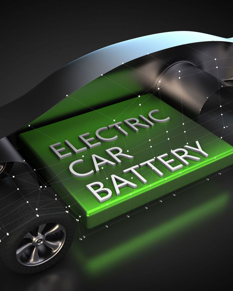 Grafik stellt eine durchsichtige Fahrzeugkarosserie dar, mit Fokus auf der Batterie im Boden