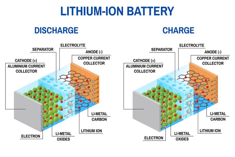 Eine Grafik veranschaulicht den Aufbau einer Lithium-Ionen-Batterie
