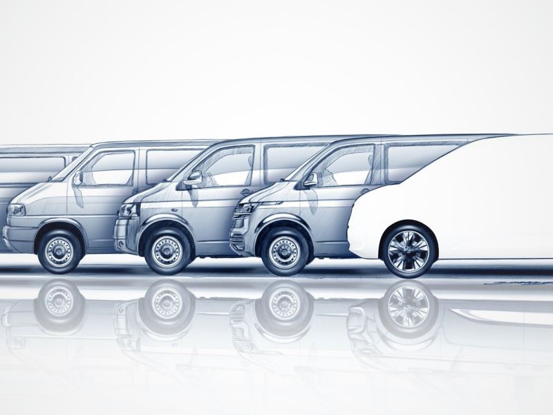 Bildet viser designskisser av utviklingen av Volkswagen Multivan frem til i dag