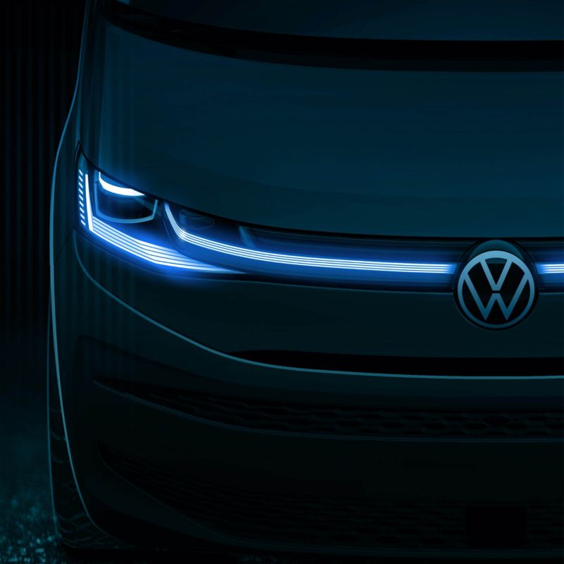 Uno schizzo del design del nuovo Volkswagen Multivan visto dal davanti.