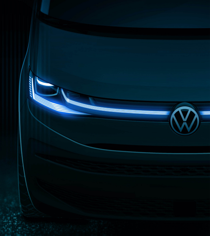 Uno schizzo del design del nuovo Volkswagen Multivan visto dal davanti.