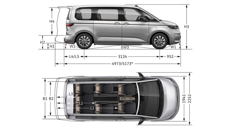 Måttskisser för nya VW Multivan familjebil laddhybrid