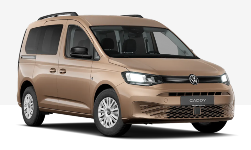 VW Caddy marron, vue de face et de profil sur fond neutre.