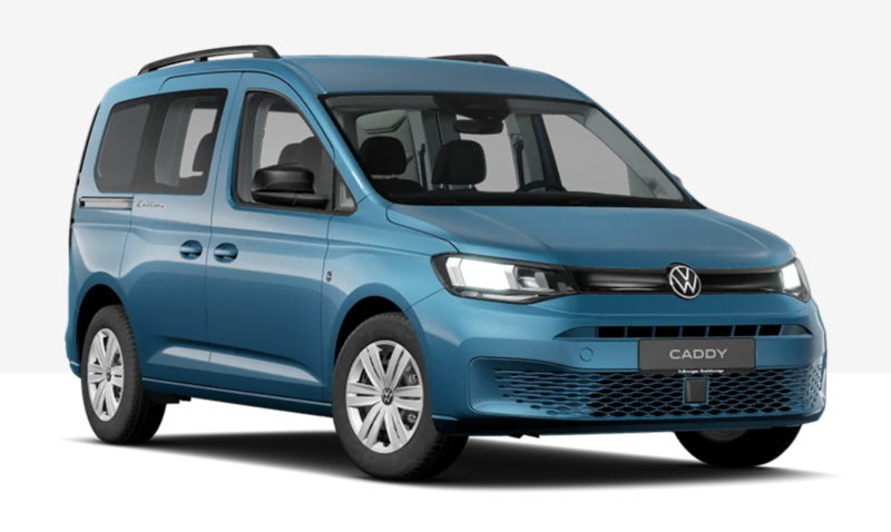 VW Caddy California bleu, camping-car compact, vue de face et de profil sur fond neutre.
