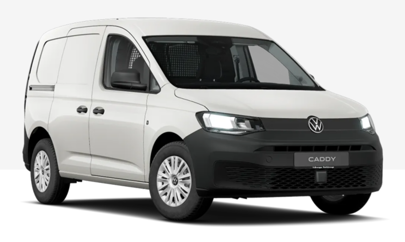 VW Caddy Cargo blanc, utilitaire compact, vue de face et de profil sur fond neutre.
