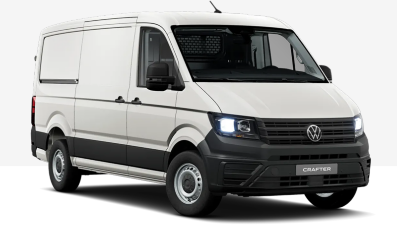 VW Crafter fourgon fermé blanc, vue de face et de profil.