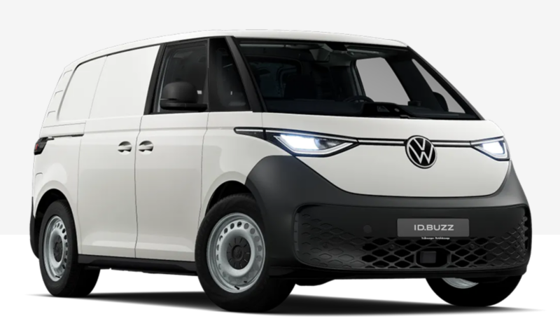 VW ID. Buzz Cargo blanc, version utilitaire électrique, vue de face et de profil.